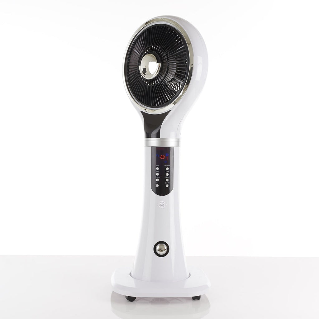 Ventilador nebulizador portátil de pedestal, flujo de aire oscilante, pantalla LED blanca, enfriamiento evaporativo