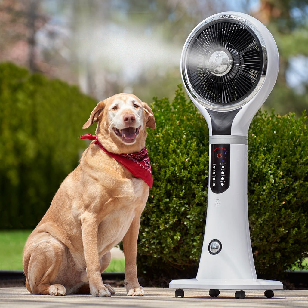 Ventilador nebulizador portátil de pedestal, flujo de aire oscilante, pantalla LED blanca, enfriamiento evaporativo