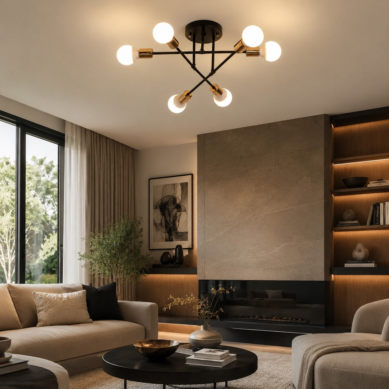 Moderní geometrické stropní svítidlo s kovovou základnou, LED a 6 žárovkami, průměr 28 Inch | ribuella