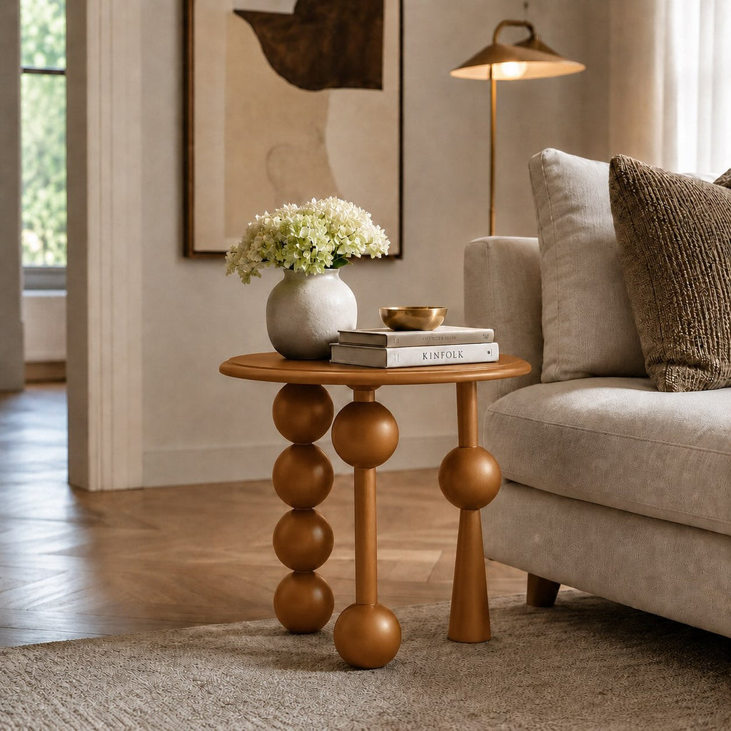 French Retro Style Round Side Table Solid Wood Compact Design for Living Room or Bedroom | ribuella