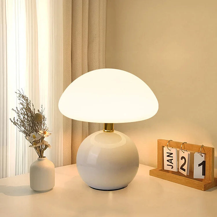 Retro krémová stolní lampa ve tvaru houby, noční světlo inspirované Bauhausem