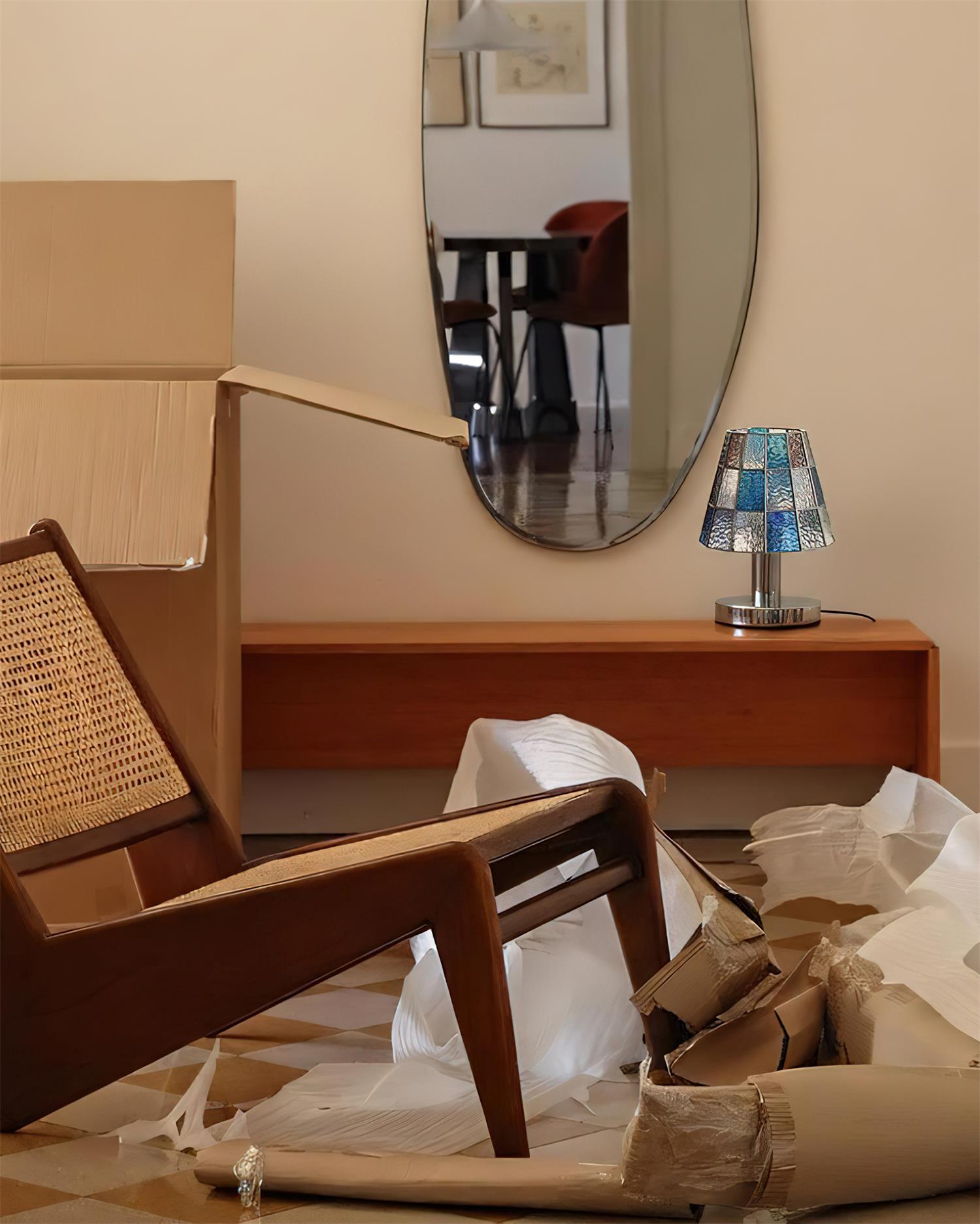 Fun Guy Table Lamp Contemporary Geometric Silhouette In Amber Blue And Clear Colors