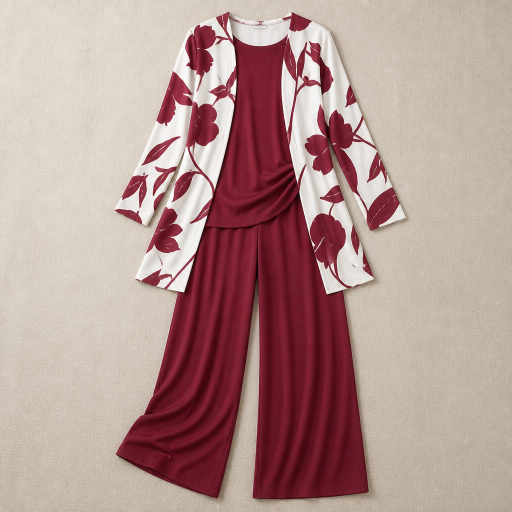 VelaLuxe – Elegant 3-Piece Set with Floral Cardigan & Wide-Leg Pants | ribuella