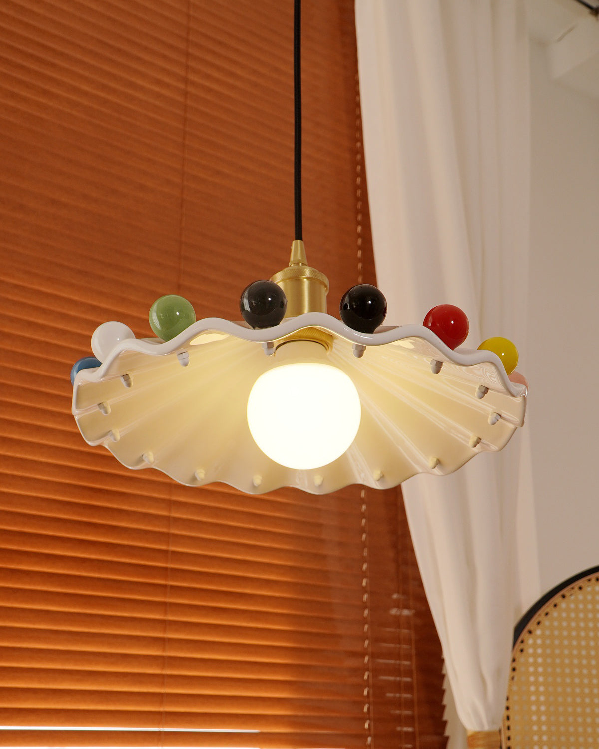 Fonthill Pendant Lamp, Sculpted Wavy Form, Glossy Bead Detail
