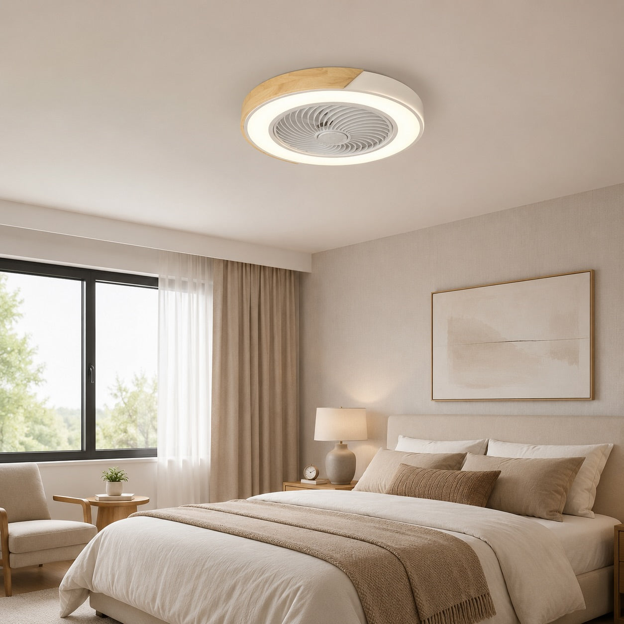 Moderner Deckenventilator ohne Flügel mit Beleuchtung, flache Montage, Eisenrahmen, dimmbare LED mit einstellbarer Farbtemperatur | ribuella