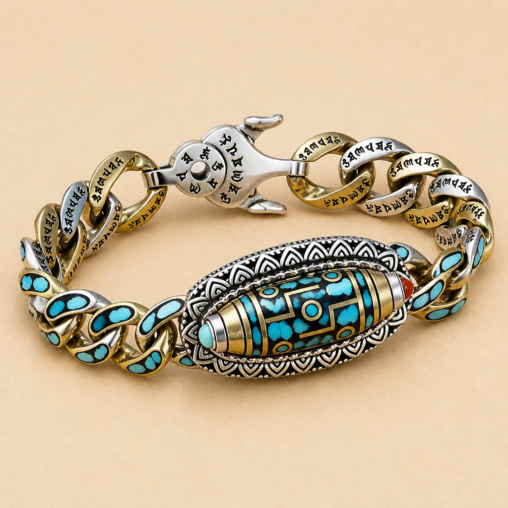 SereniStone – Tibetan Nine-Eyed Dzi Bead Bracelet Featuring Turquoise Inlay | ribuella