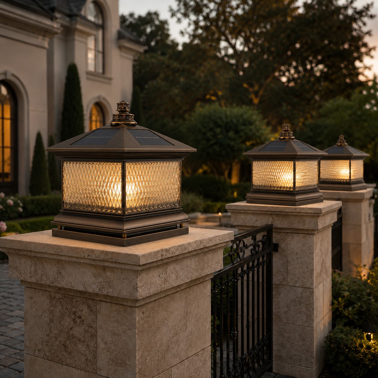 Moderne Solar-Gartenleuchten als Mastlampen aus Aluminium, LED, mit Fernbedienung und Diamantglas-Design | ribuella