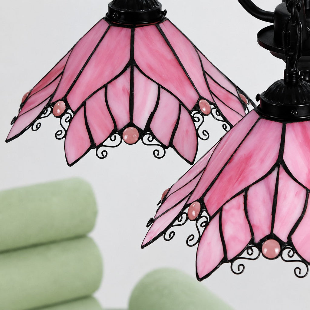 Four-Light Stained Glass Chandelier — Hand-Cut Glass Shades