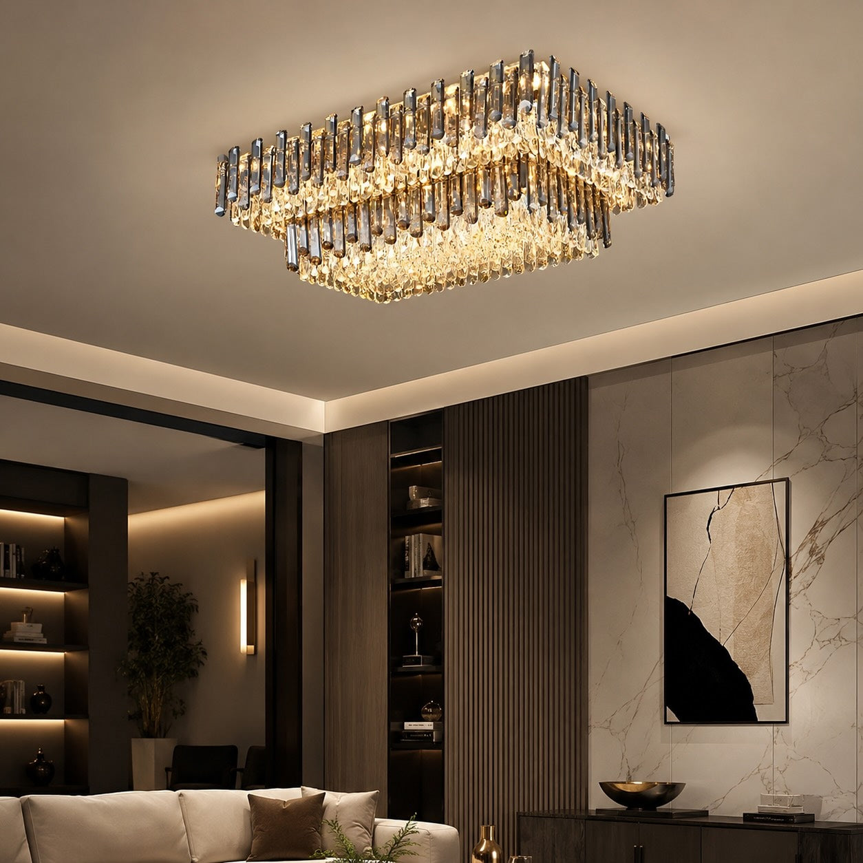 Modern Round Ceiling Light Chandelier with Crystal Accents Stainless Steel LED Adjustable Color Temperature | ribuella