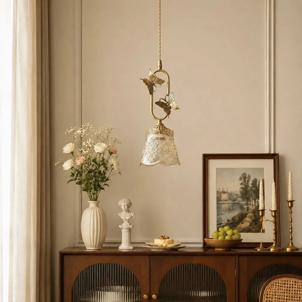 Vintage French Copper Butterfly Pendant Lamp