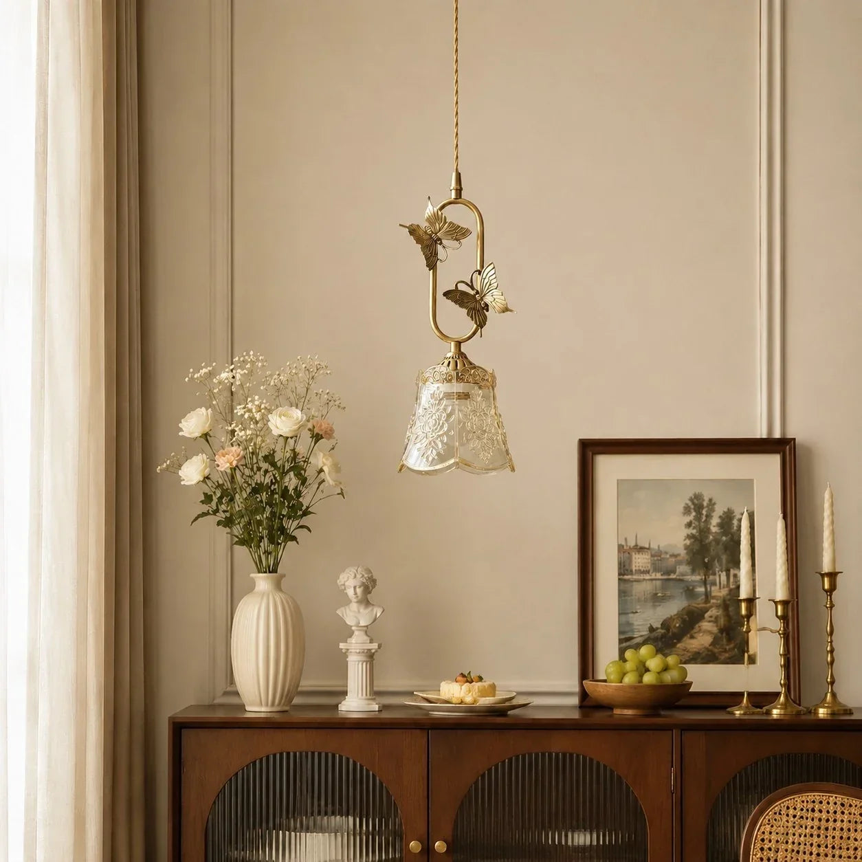 Vintage French Copper Butterfly Pendant Lamp