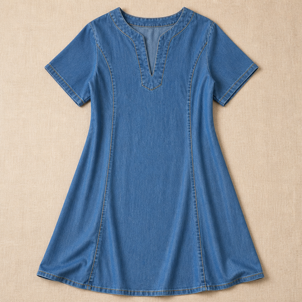 VarelaChic – Relaxed V-Neck Denim Shift Dress with Pockets | ribuella