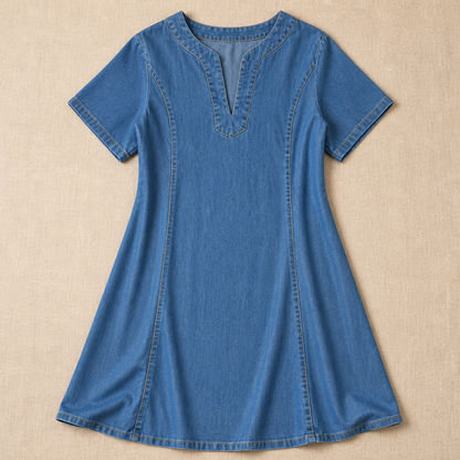 VarelaChic – Relaxed V-Neck Denim Shift Dress with Pockets | ribuella