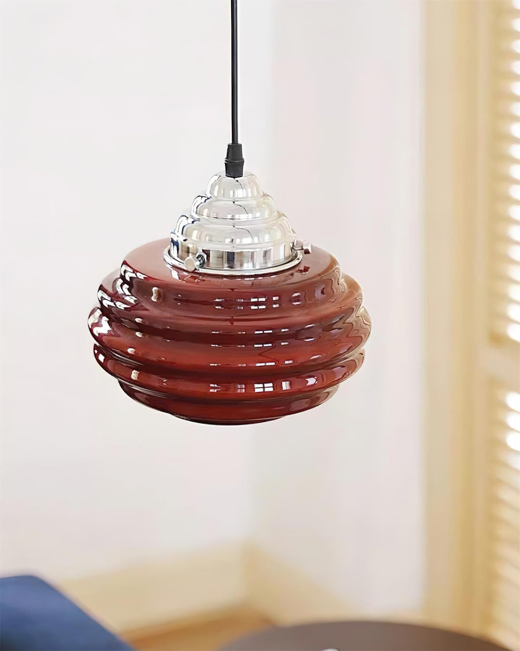 Gelato Pendant Lamp - Tiered Rippled Glass Shade Chrome Cap Red Or Beige
