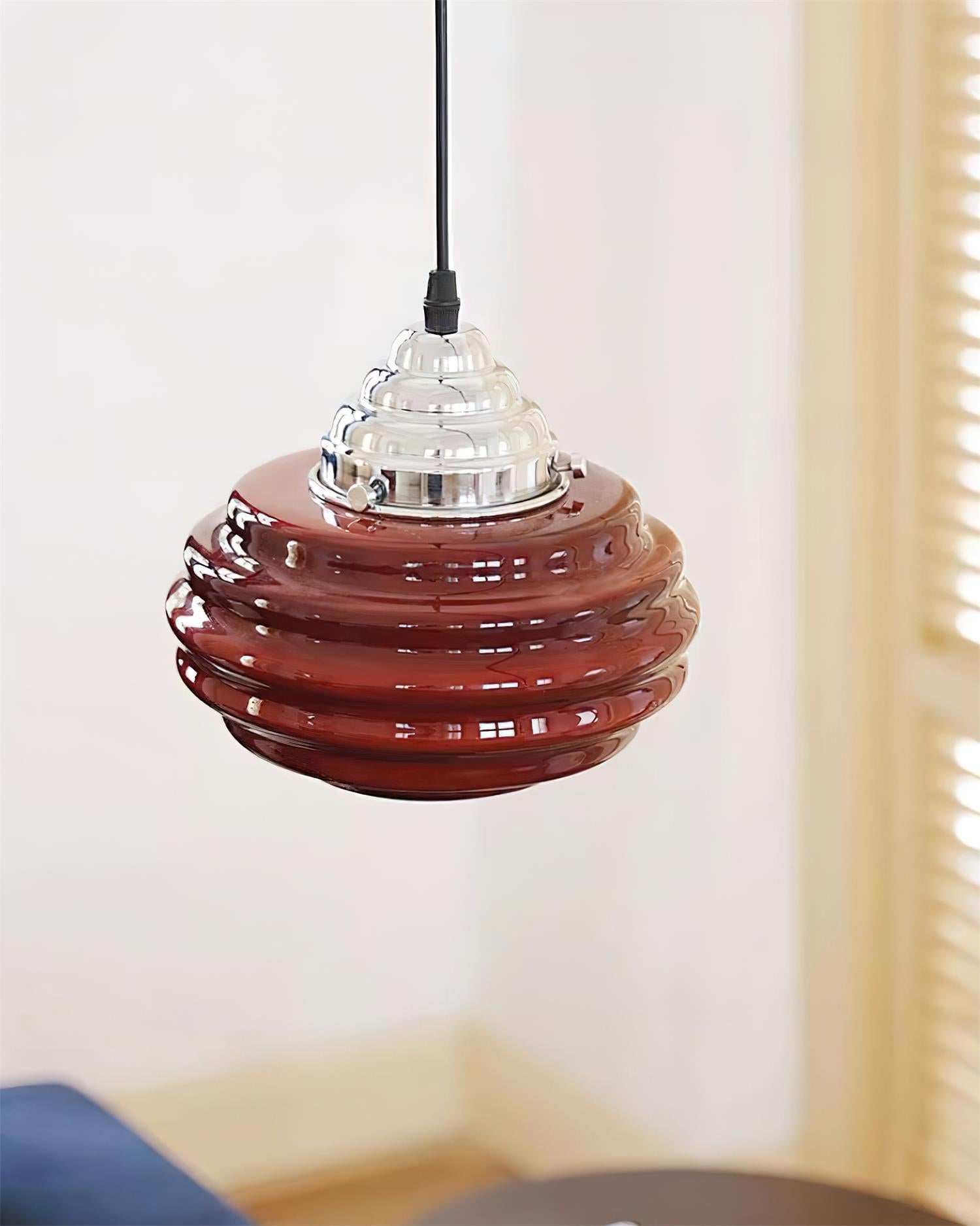 Gelato Pendant Lamp - Tiered Rippled Glass Shade Chrome Cap Red Or Beige