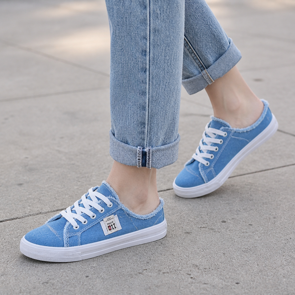 StridePulse – Casual Denim Mule Sneakers with Frayed Edges | ribuella