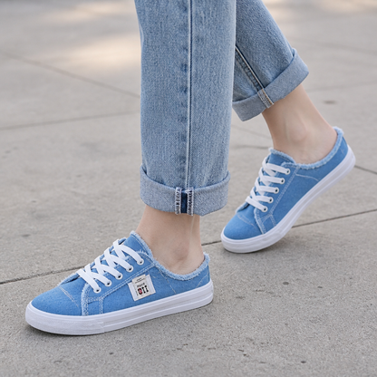 StridePulse – Casual Denim Mule Sneakers with Frayed Edges | ribuella