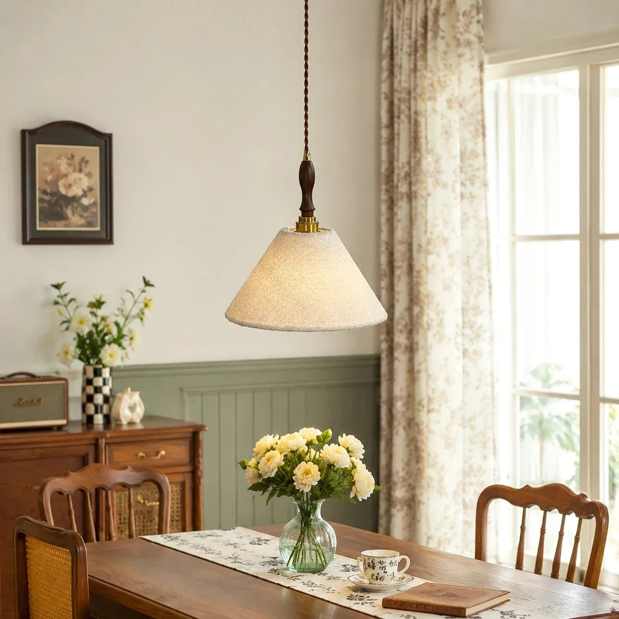 French Vintage Cream Fabric Pendant Light - Woven Texture Ceiling Shade