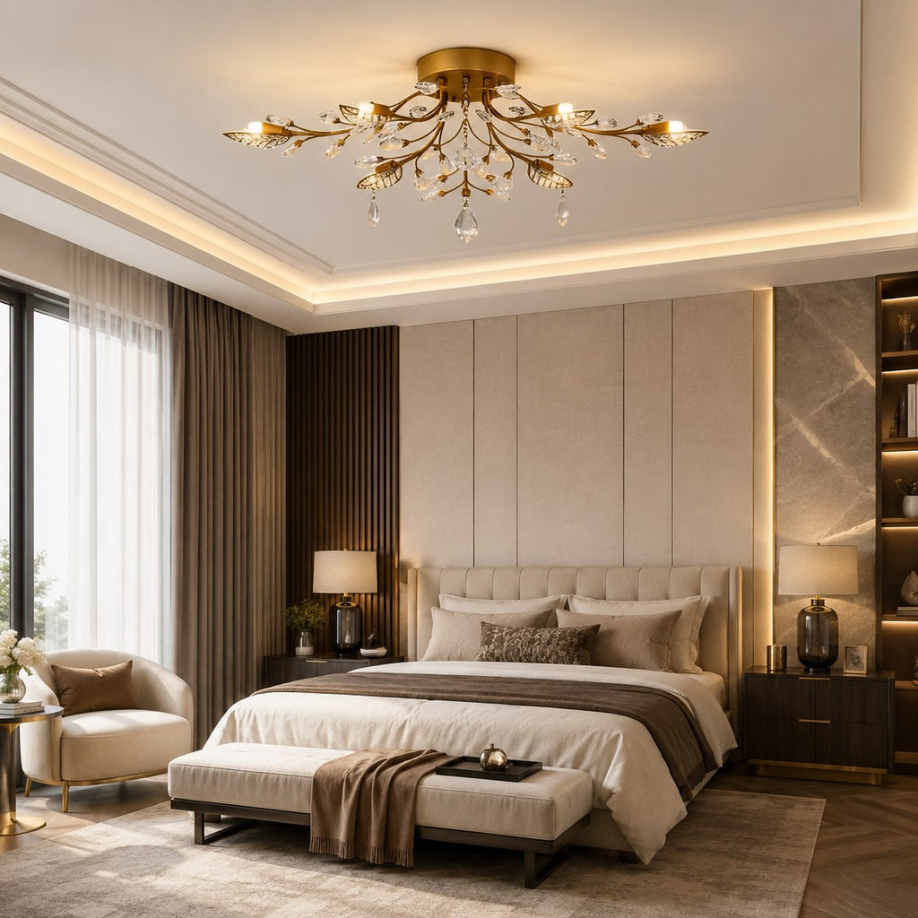 Modern Crystal Chandelier Semi-Flush Mount Iron 8-Light LED Fixture with Elegant Leaf Design | ribuella