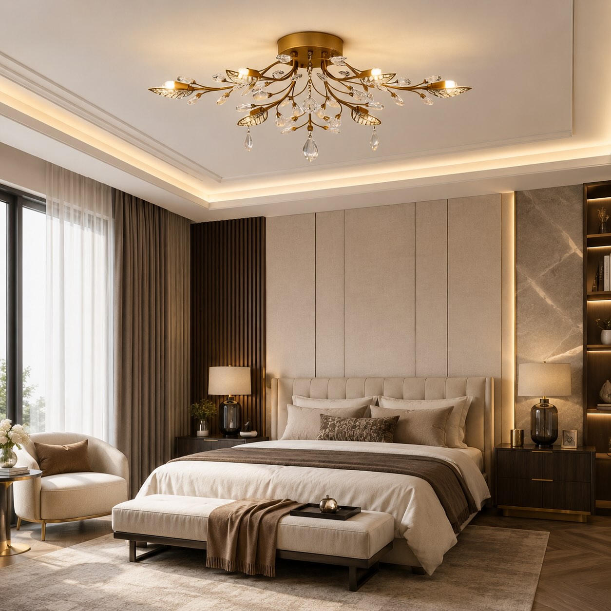 Modern Crystal Chandelier Semi-Flush Mount Iron 8-Light LED Fixture with Elegant Leaf Design | ribuella