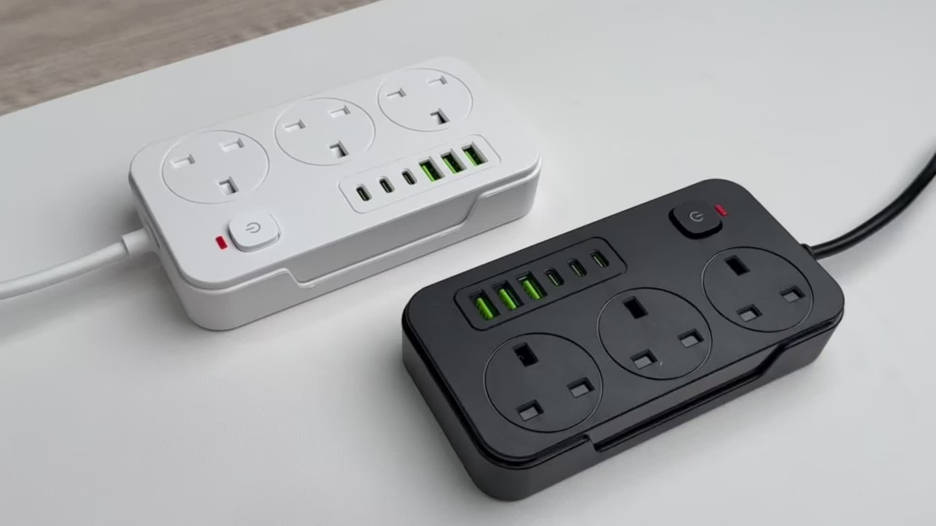 Ciabatta elettrica da 13A con 9 porte, 3 prese CA, 6 porte USB e cavo di prolunga da 2M