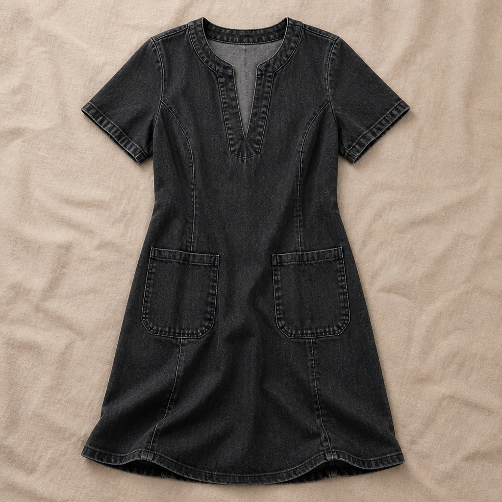 VarelaChic – Relaxed V-Neck Denim Shift Dress with Pockets | ribuella