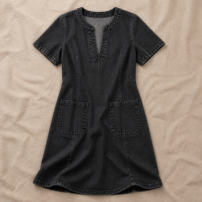 VarelaChic – Relaxed V-Neck Denim Shift Dress with Pockets | ribuella