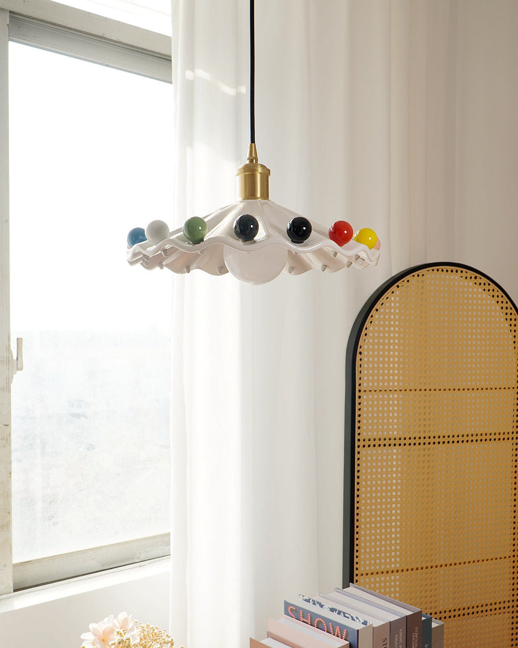 Fonthill Pendant Lamp, Sculpted Wavy Form, Glossy Bead Detail