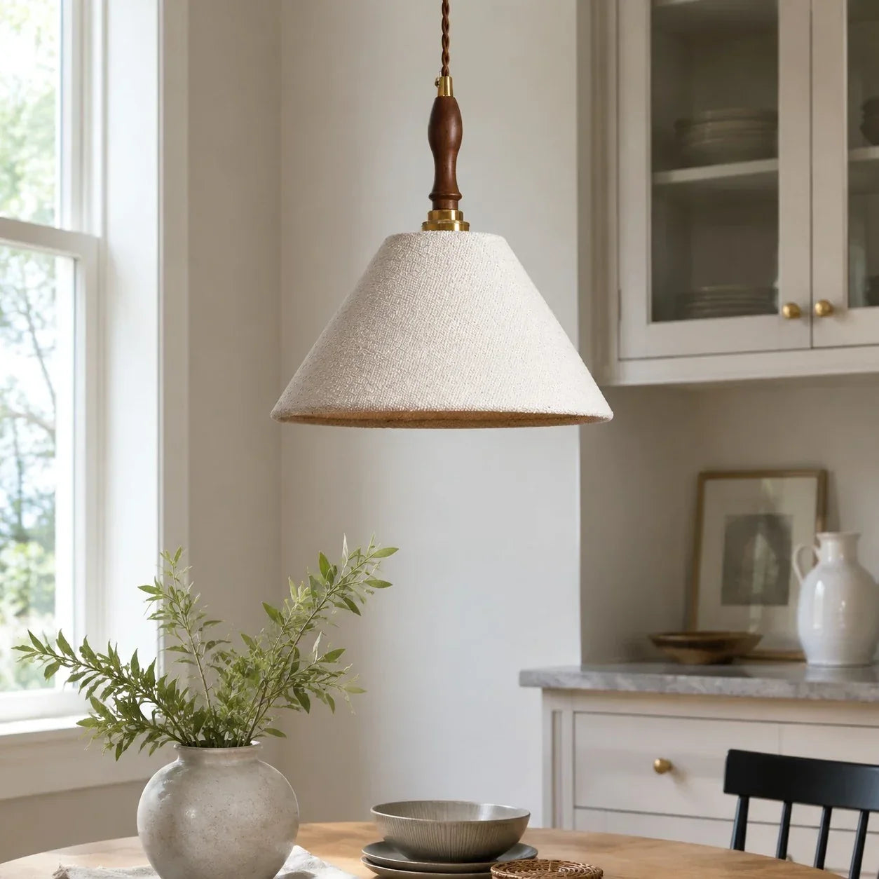 French Vintage Cream Fabric Pendant Light - Woven Texture Ceiling Shade