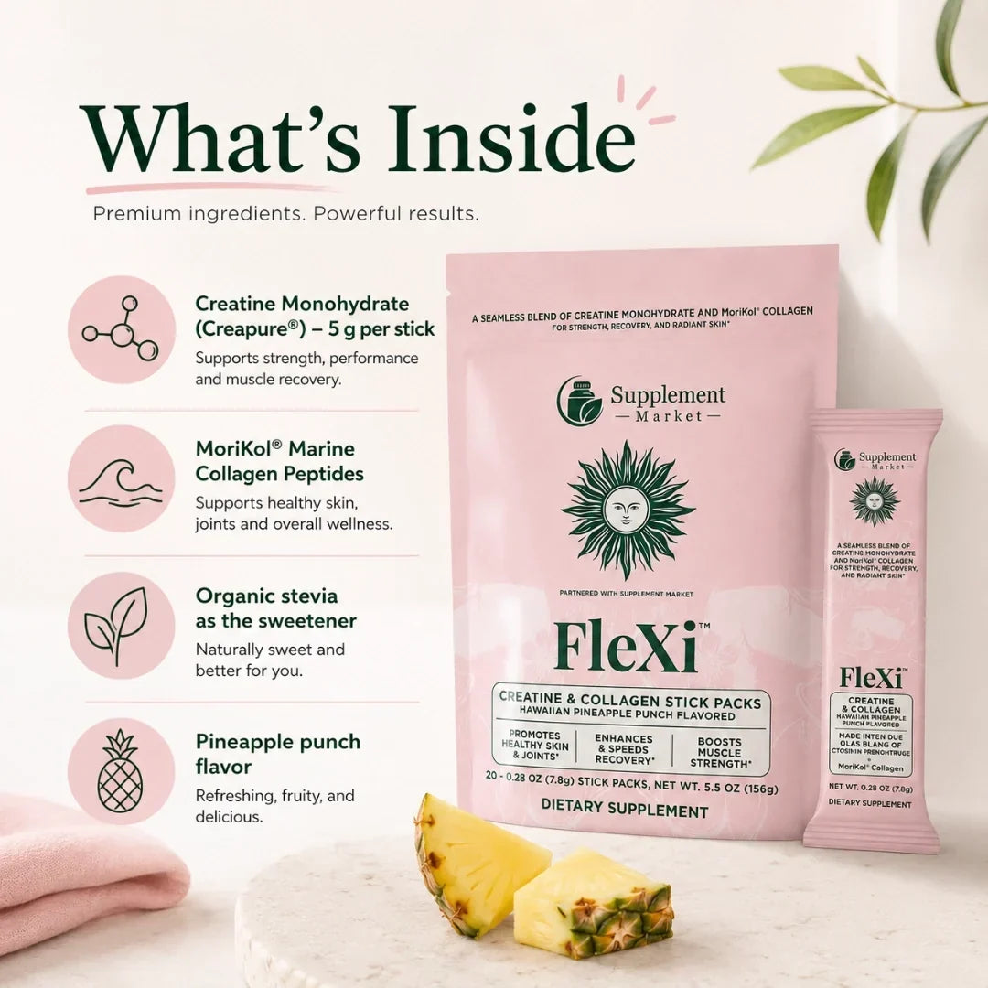 FleXi kreatin- och kollagensticks för styrka, återhämtning och lyster
