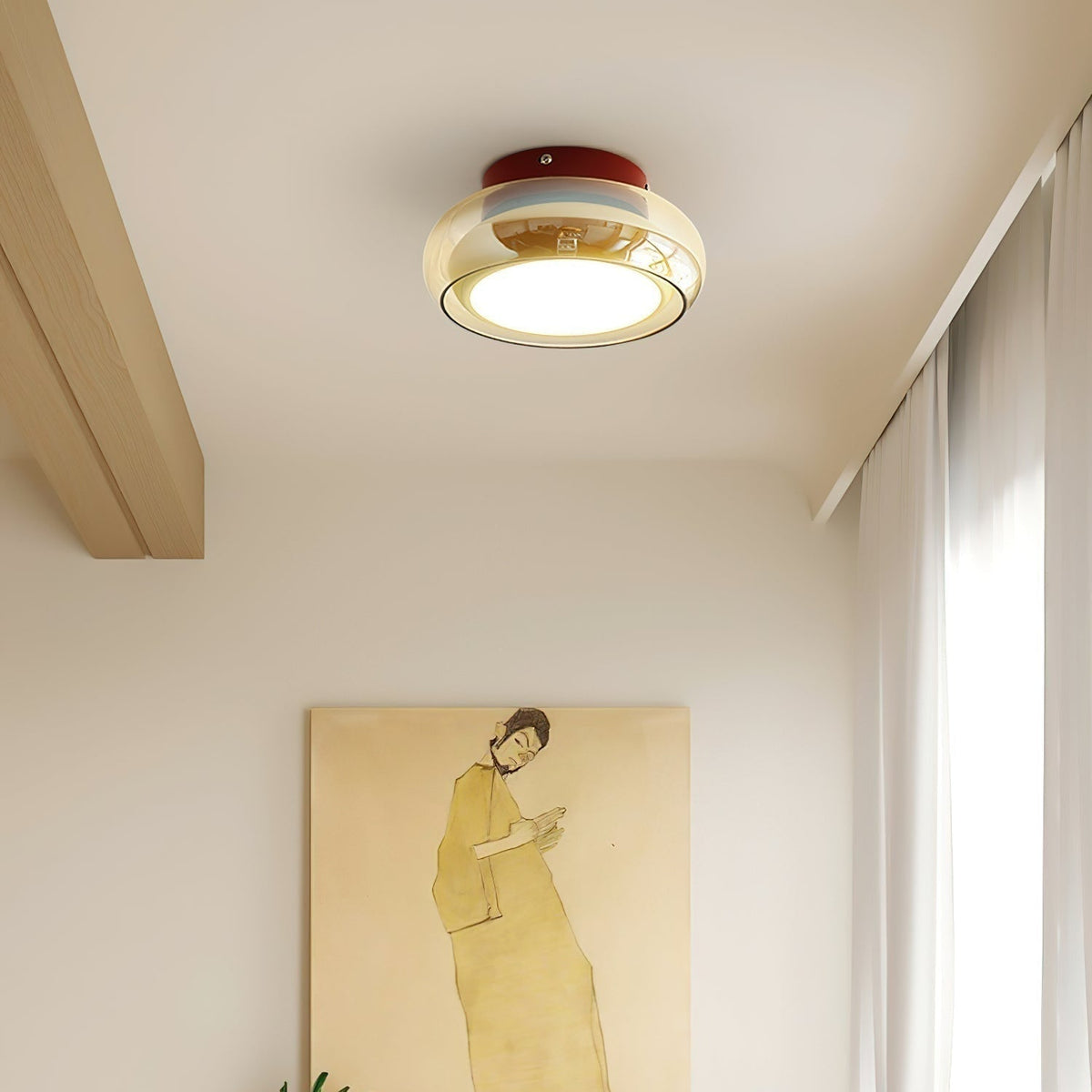 Vintage Flush Mount Ceiling Light Fixture - Amber Glass Shade, Integrated LED