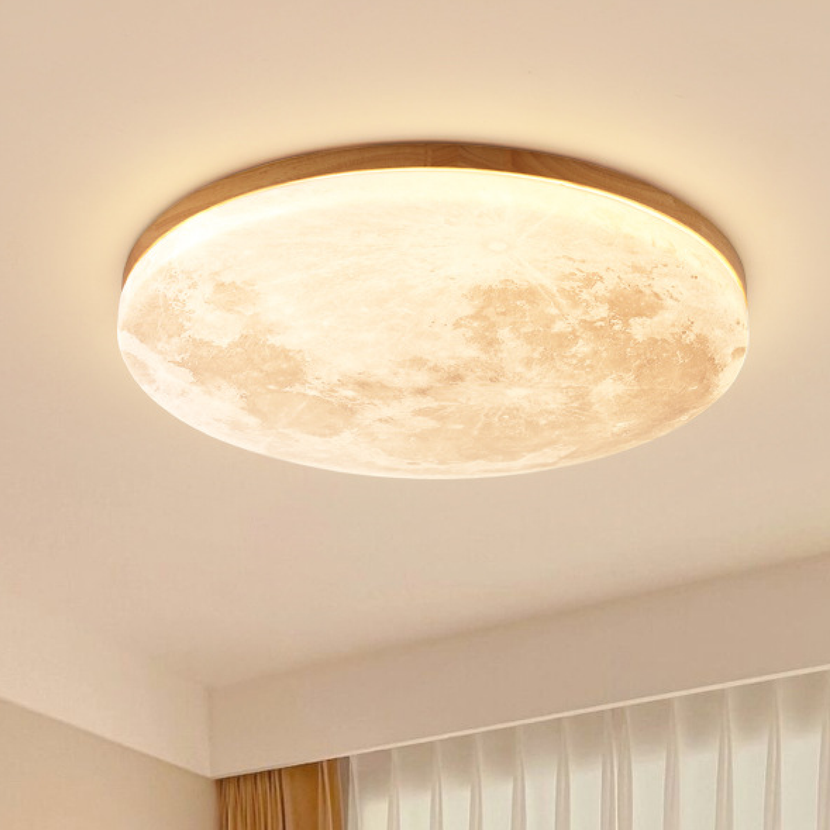 Round Flush Mount Ceiling Light, Moon Surface Texture, Wooden Frame