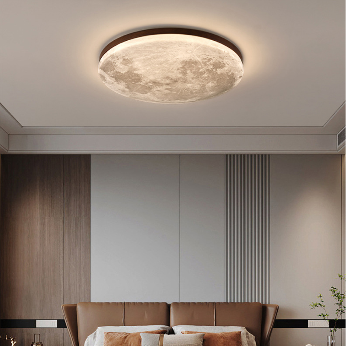 Round Flush Mount Ceiling Light, Moon Surface Texture, Wooden Frame