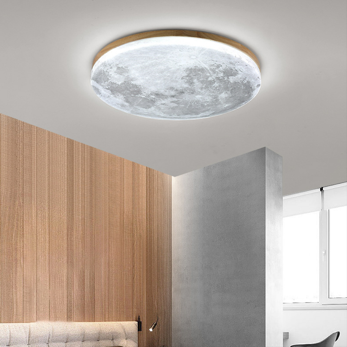 Round Flush Mount Ceiling Light, Moon Surface Texture, Wooden Frame