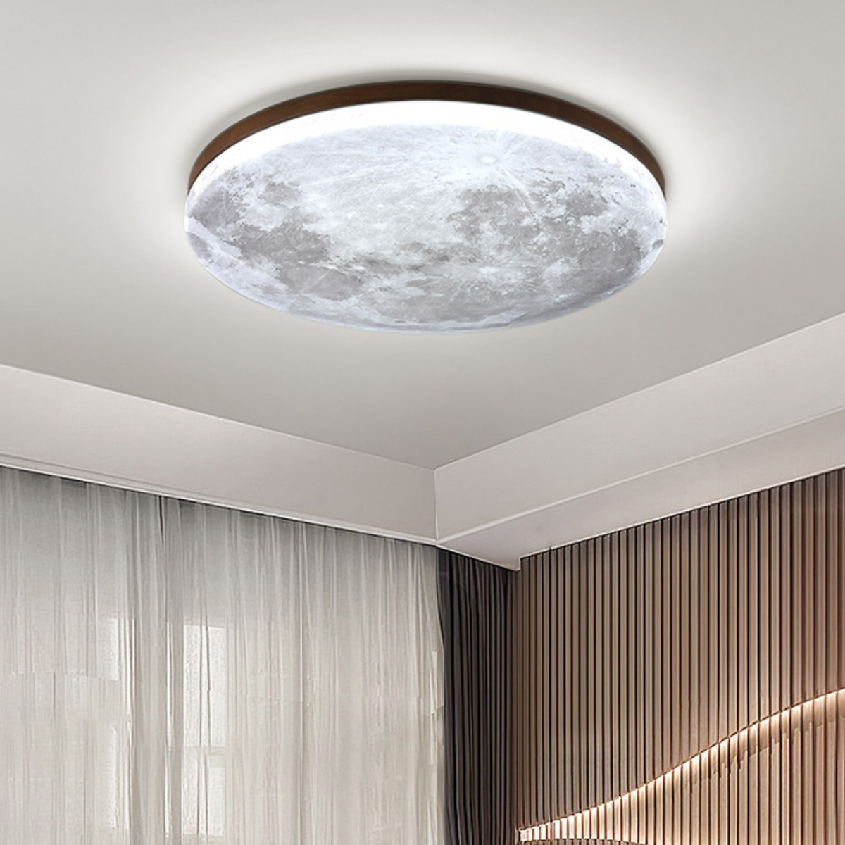 Round Flush Mount Ceiling Light, Moon Surface Texture, Wooden Frame