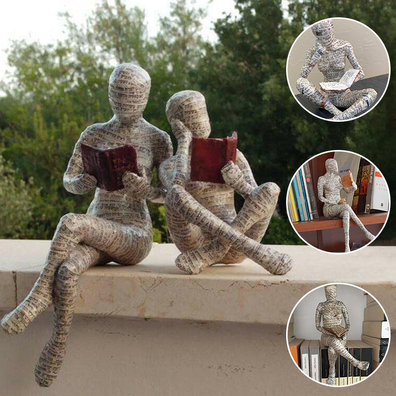Resin Reading Statue Featuring Newspaper Print Design | ribuella