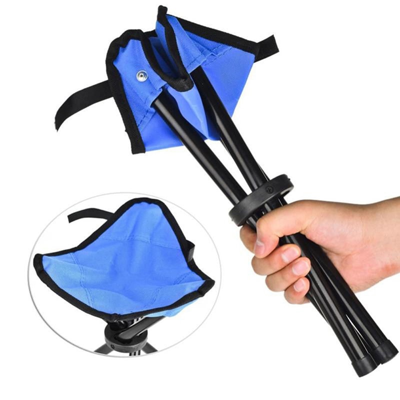 Składany stołek na trójnogu - trójkątne siedzisko z tkaniny, metalowa rama, mieści się w plecaku