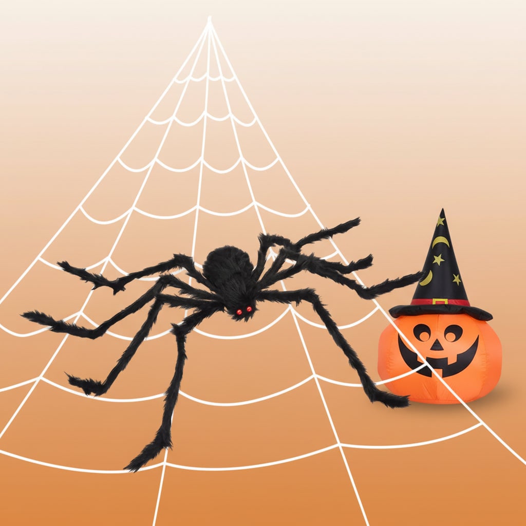 Décoration d’araignée géante articulée pour Halloween - fourrure duveteuse, yeux rouges et toile extensible