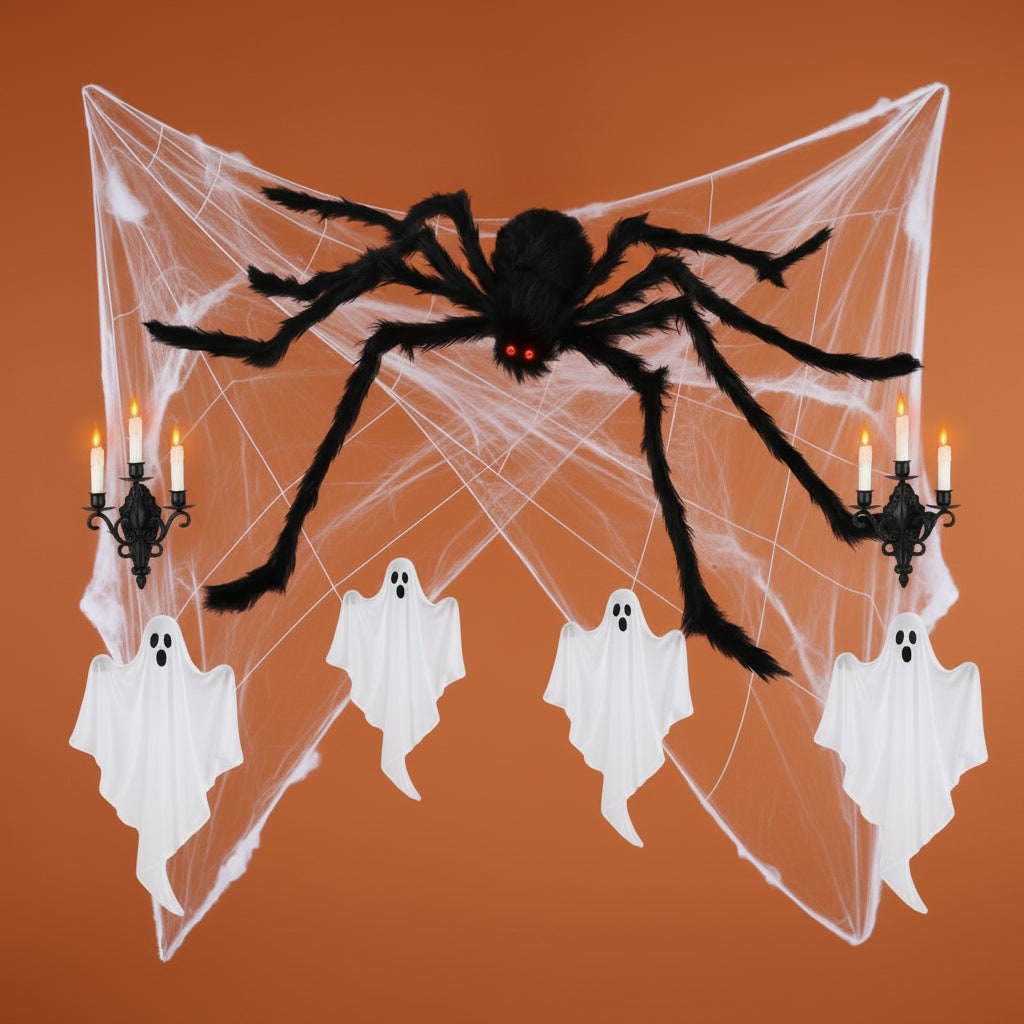 Décoration d’araignée géante articulée pour Halloween - fourrure duveteuse, yeux rouges et toile extensible