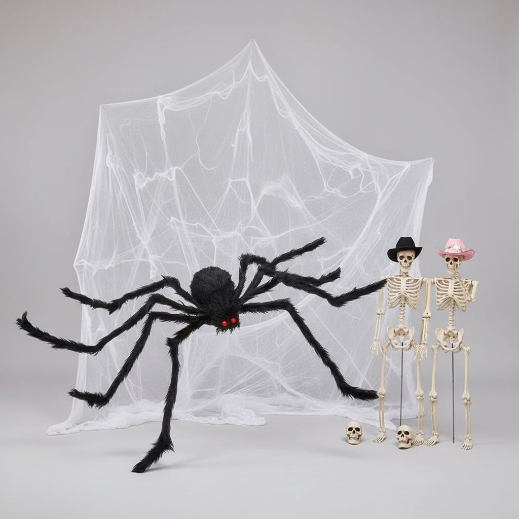Décoration d’araignée géante articulée pour Halloween - fourrure duveteuse, yeux rouges et toile extensible