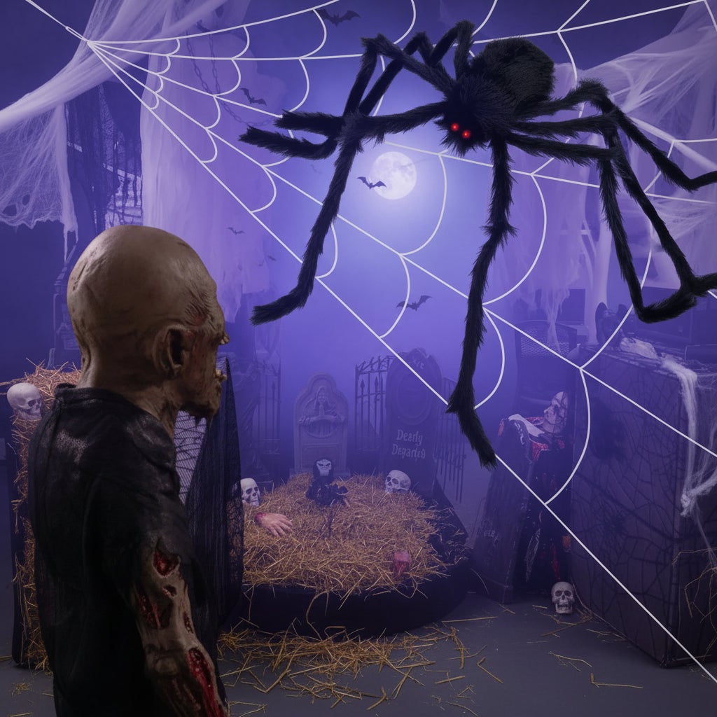 Décoration d’araignée géante articulée pour Halloween - fourrure duveteuse, yeux rouges et toile extensible