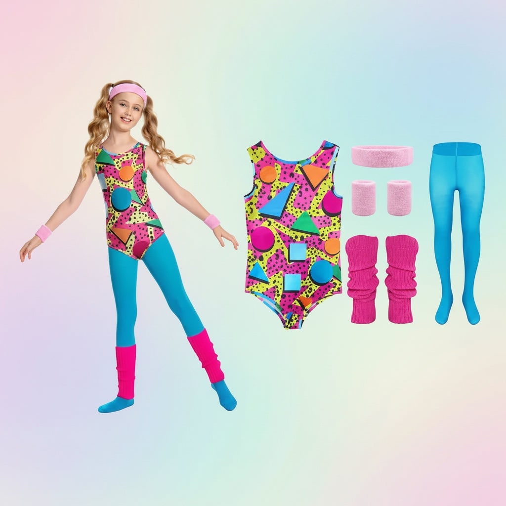 Meisjeskostuumset voor aerobics uit de jaren 80, mouwloze turnpak, neonlegging, geribde beenwarmers