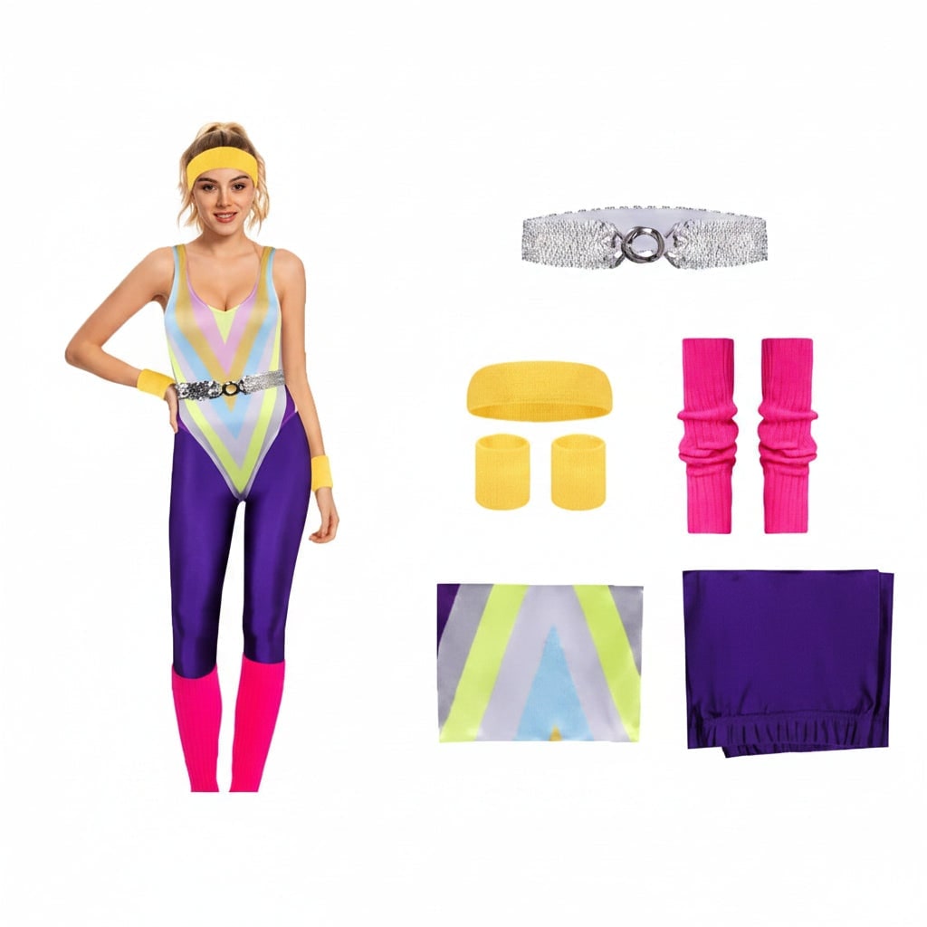 Meisjeskostuumset voor aerobics uit de jaren 80, mouwloze turnpak, neonlegging, geribde beenwarmers