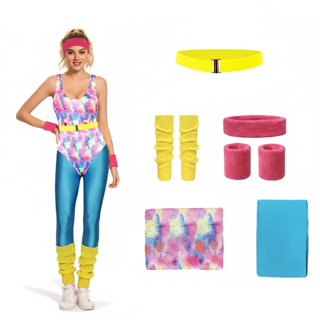 Meisjeskostuumset voor aerobics uit de jaren 80, mouwloze turnpak, neonlegging, geribde beenwarmers