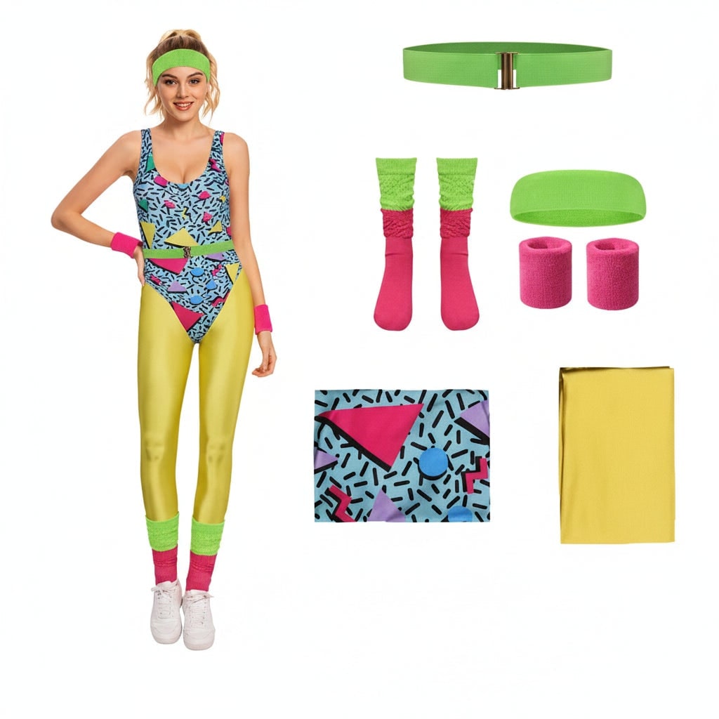 Meisjeskostuumset voor aerobics uit de jaren 80, mouwloze turnpak, neonlegging, geribde beenwarmers