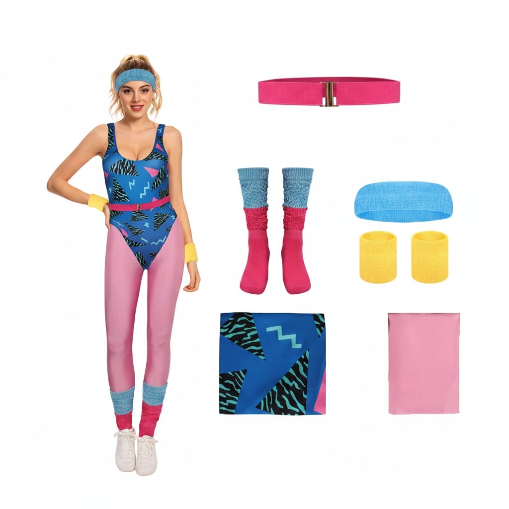 Meisjeskostuumset voor aerobics uit de jaren 80, mouwloze turnpak, neonlegging, geribde beenwarmers