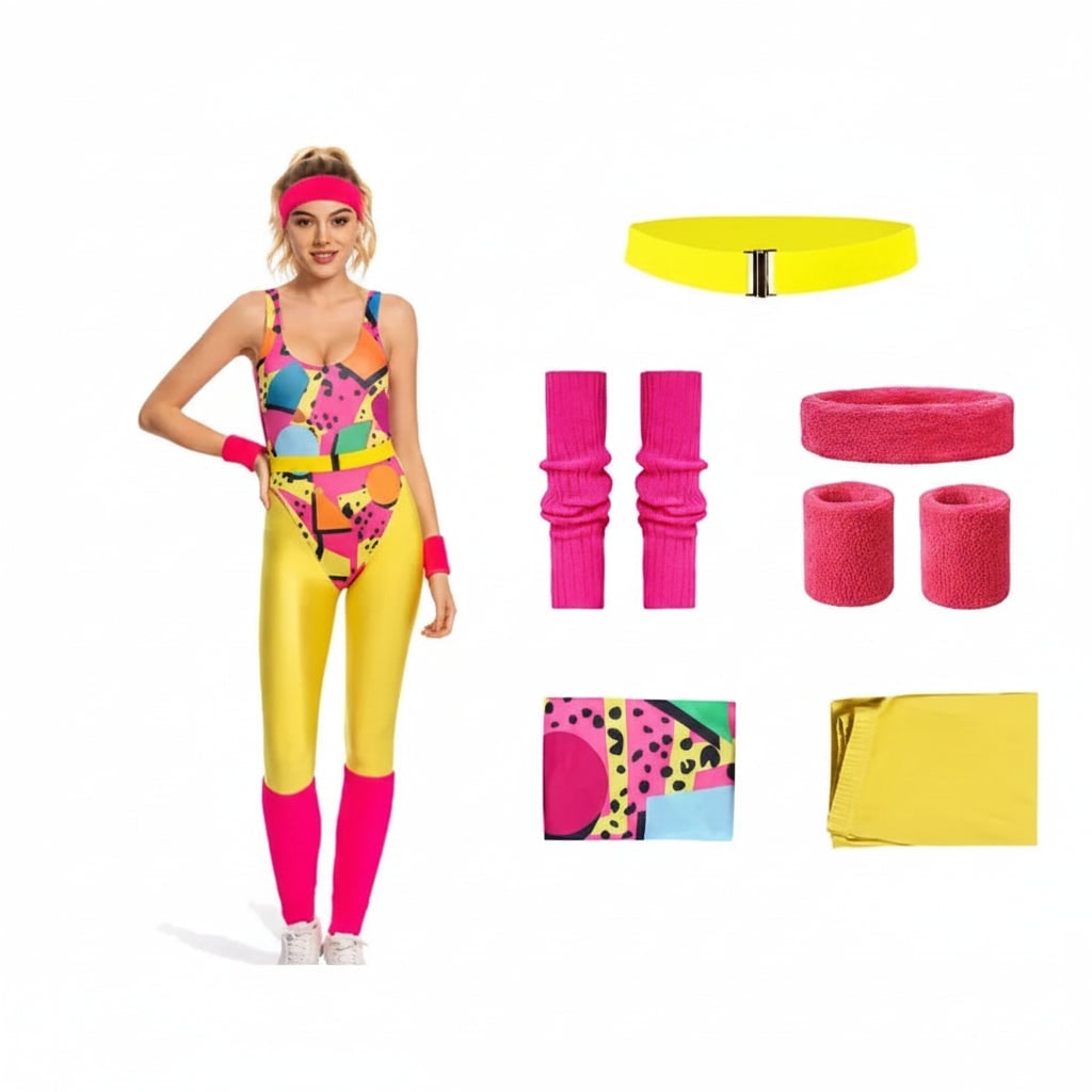 Meisjeskostuumset voor aerobics uit de jaren 80, mouwloze turnpak, neonlegging, geribde beenwarmers