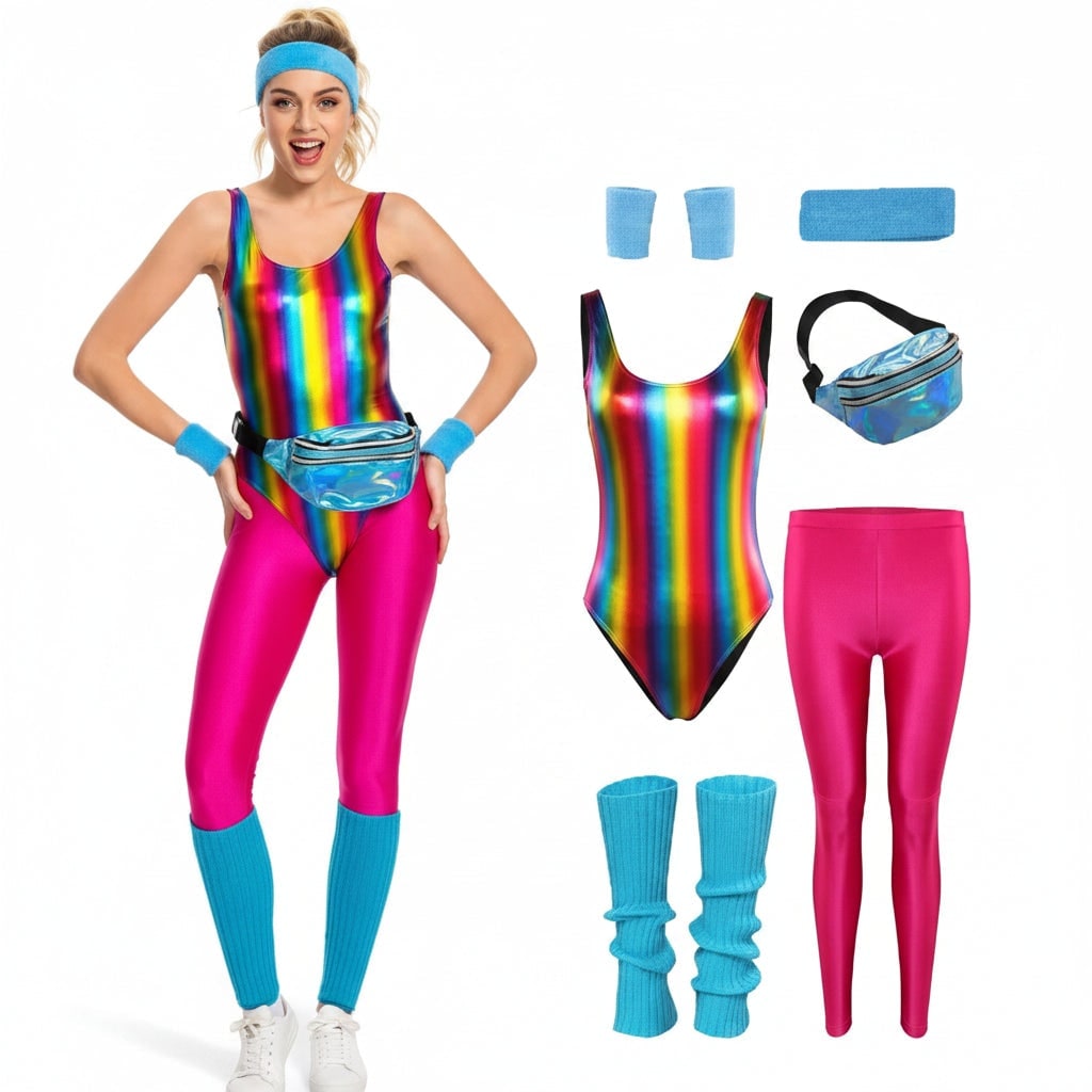 Meisjeskostuumset voor aerobics uit de jaren 80, mouwloze turnpak, neonlegging, geribde beenwarmers