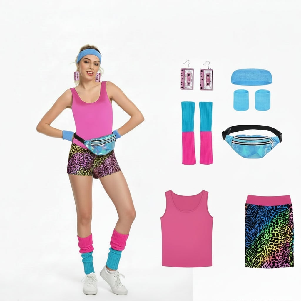 Meisjeskostuumset voor aerobics uit de jaren 80, mouwloze turnpak, neonlegging, geribde beenwarmers