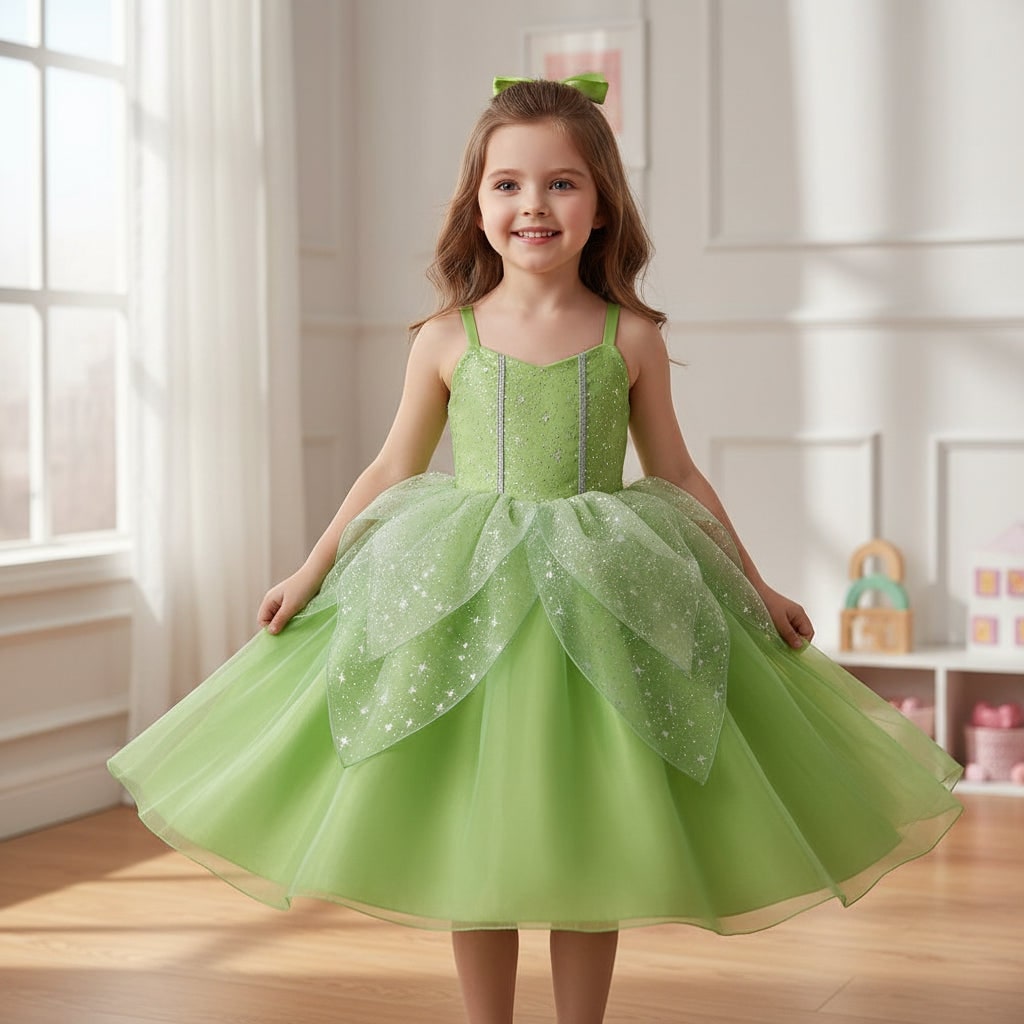 Feeënkostuumset voor meisjes, soepelvallende jurk, wapperende vleugels, decoratieve tiara, toverstaf en zachte handschoenen